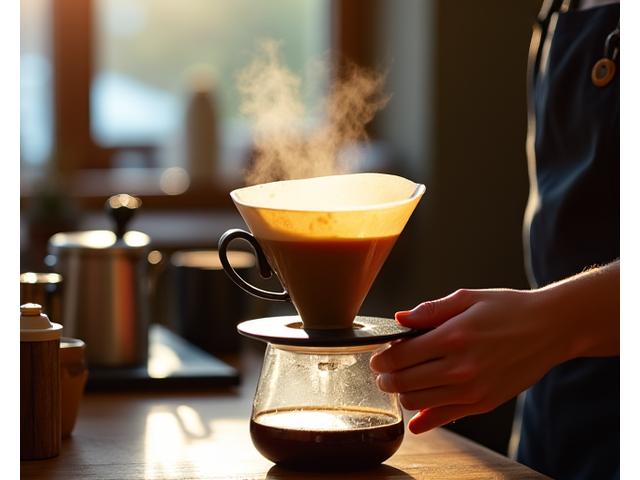 Seorang barista sedang menunjukkan cara menggunakan V60 untuk membru kopi, dengan biji kopi dan peralatan lain di latar belakang.