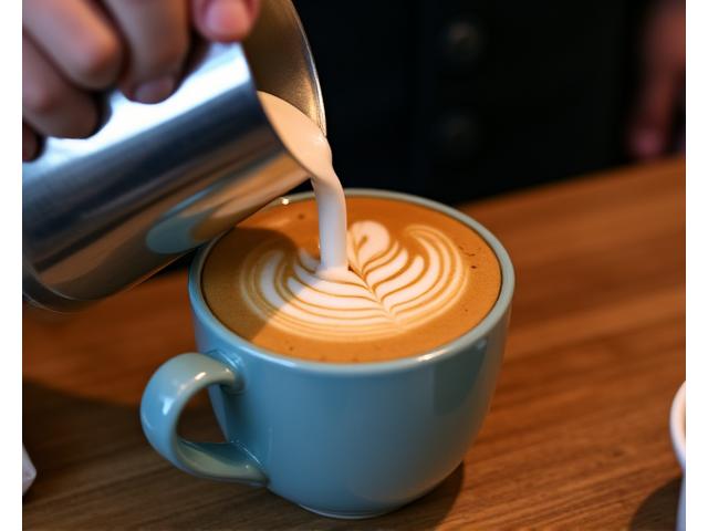 Tangan seorang barista sedang mencipta corak daun roset di atas latte dengan buih susu, fokus pada kesenian latte.