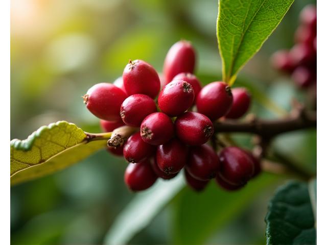 Biji kopi di ranting pokok di ladang