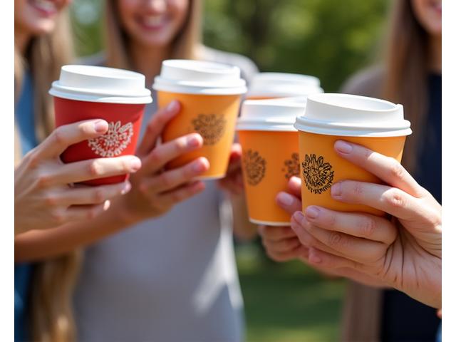 Gelas kopi dengan logo Pewter Brew di acara luar
