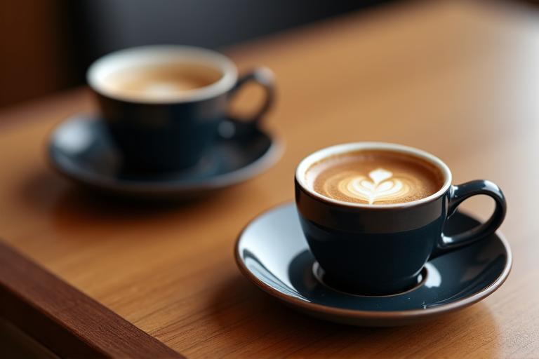 Cawan elegan espresso dan americano di atas meja kayu kafe.