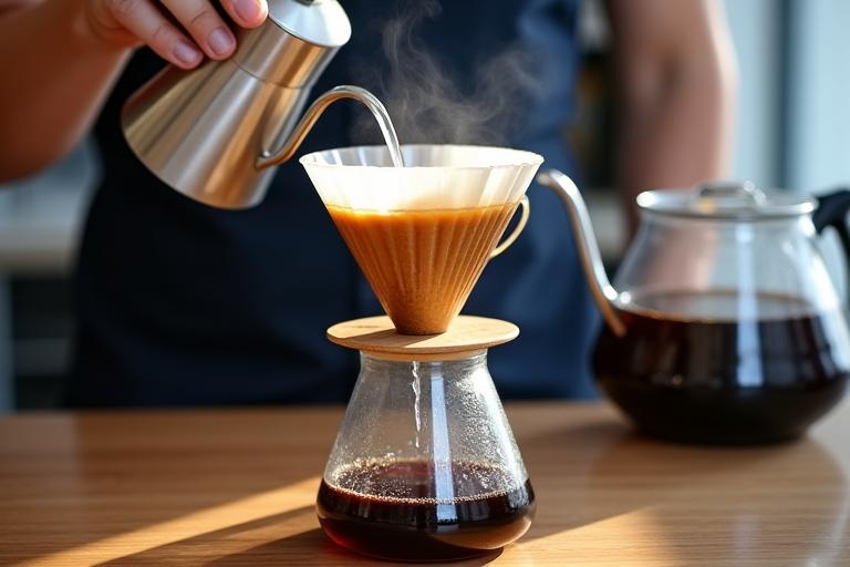 Set persediaan kopi penapis dengan seorang barista menuang air panas di kafe Pewter Brew.