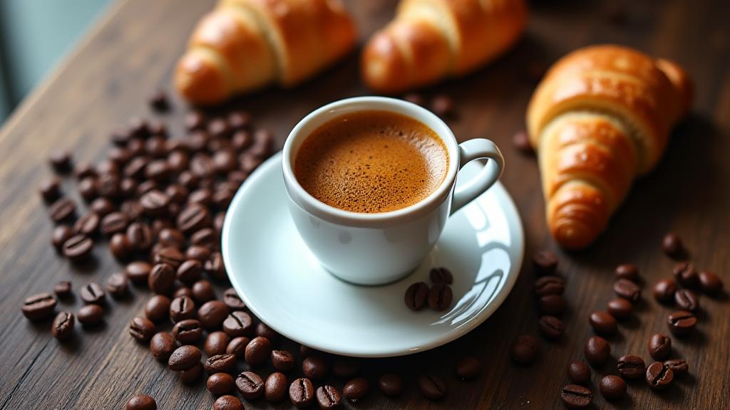 Meja yang penuh dengan pelbagai jenis biji kopi, cawan kopi yang baru dibancuh, dan pastri artisanal di Pewter Brew.