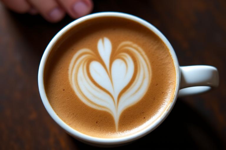 Dekat latte art yang rumit di atas latte, diletakkan di atas meja kayu gelap.