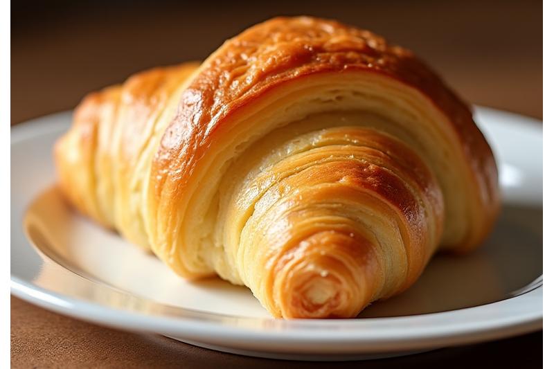 Dekat dengan croissant mentega emas di atas pinggan.