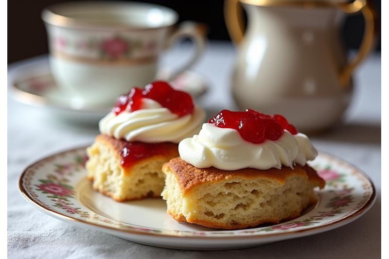 Scone segar dengan krim dan jem strawberi di atas pinggan vintage.