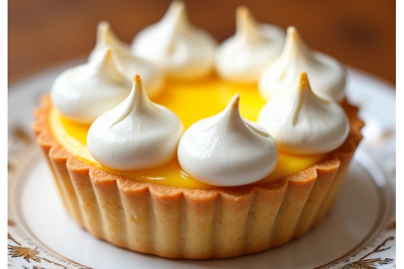 Tart lemon dengan meringue yang dibakar di atasnya di atas pinggan hiasan.