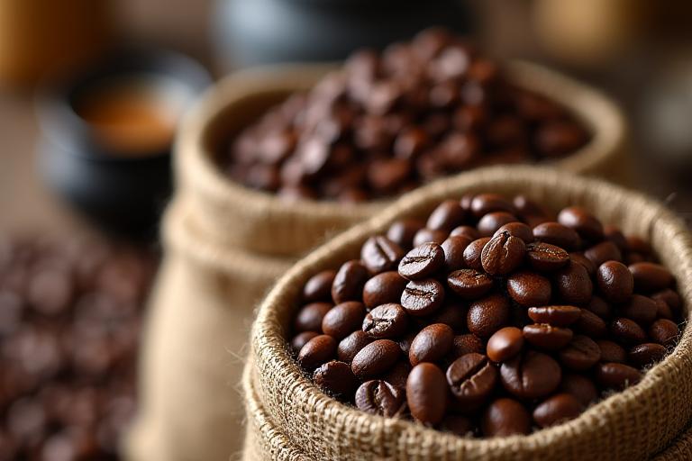 Biji kopi panggang dalam beg, melambangkan adunan kopi khas untuk perniagaan.