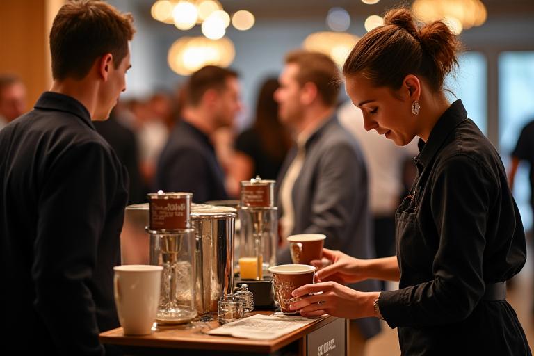 Barista menyediakan kopi di kaunter kopi mudah alih di sebuah acara.