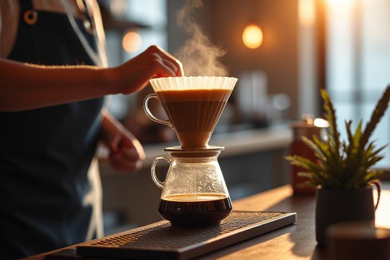 Penyediaan kopi kraf dengan teliti di kafe Pewter Brew